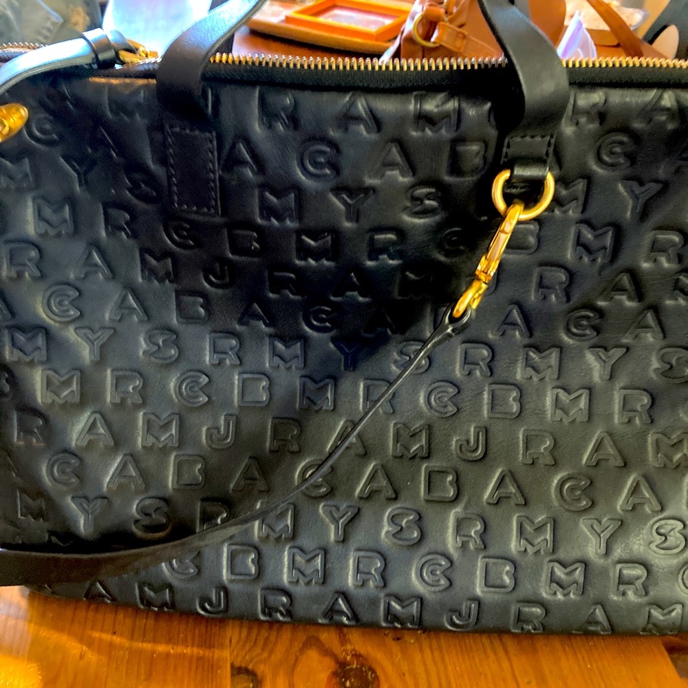 MARC by Marc Jacobs leather, black laptop bag with handles and crossbody strap.